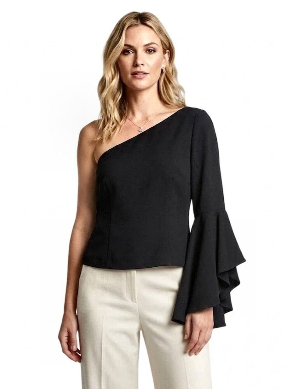 Eliza J Asymmetrical One-Shoulder Bell Sleeve Blouse, Black, Womens Size 12
